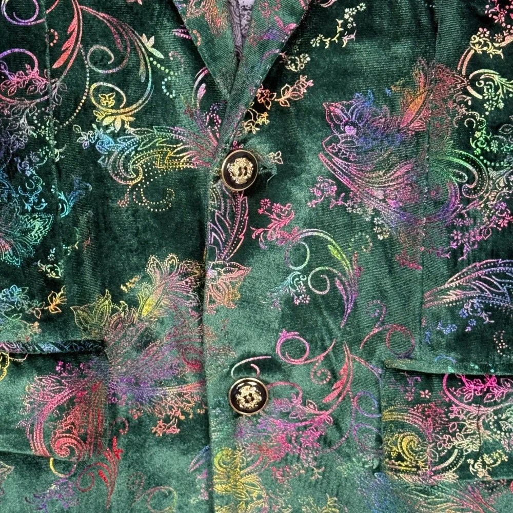 Mage Male Blazer Mens Small Green Multi Velvet Holographic Paisley Dinner Jacket